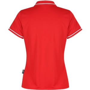 A red polo shirt with white trim and a branded logo, featuring a classic collared design.