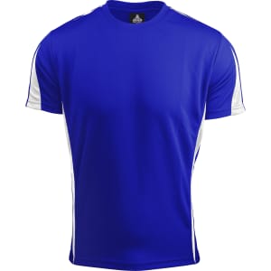 A blue T-shirt with white side panels and a logo on the collar. Suitable for casual wear.