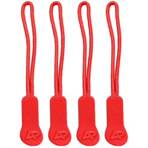Four red zip pullers with a textured grip and a logo on each. Suitable for various clothing accessories.