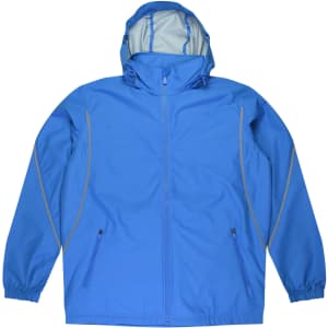 A blue men's jacket with a hood, featuring zip pockets and elastic cuffs, and includes a logo.