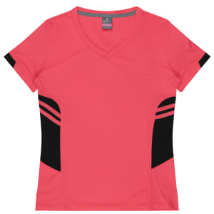 A pink v-neck t-shirt with black side panels and stripes, featuring a logo on the label.