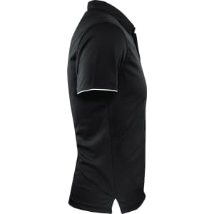 A black men's polo shirt featuring a short sleeve and a branded logo.