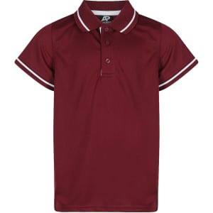 A maroon polo shirt featuring contrasting white collar and sleeve accents, with a logo on the front.
