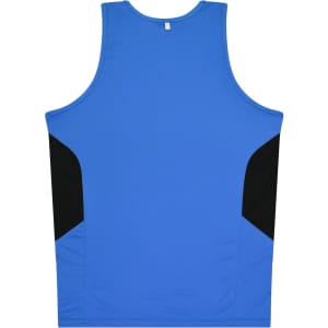 A blue singlet with black side panels and a logo on the back.