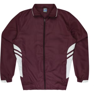 A maroon tracktop with white side panels and a zip-up front. The jacket has a collar and elastic cuffs.