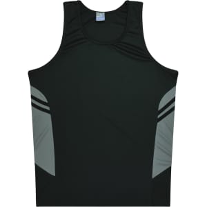 A black singlet featuring grey side panels and a logo on the front.