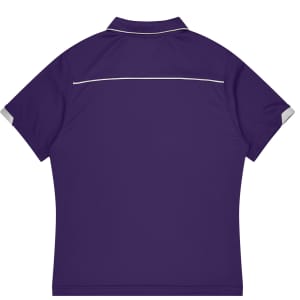 A purple sports polo shirt with contrasting trim on the collar and sleeve edges, featuring a logo.