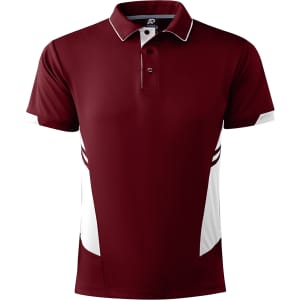 A maroon polo shirt with white side accents and a collar, featuring a logo on the front.