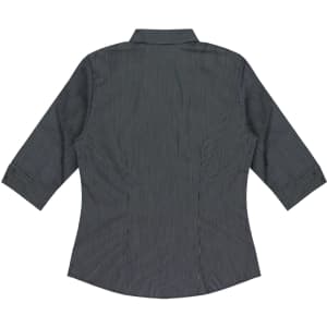 A 3/4 sleeve button-up shirt in dark grey with a striped pattern and a collar, featuring a logo.
