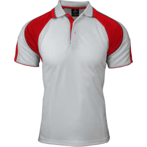 A polo shirt with a white body and red raglan sleeves, featuring a collar and a logo on the chest.