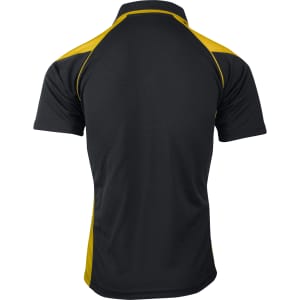 A black polo shirt with yellow accents, featuring a collared neck and short sleeves, designed for men.