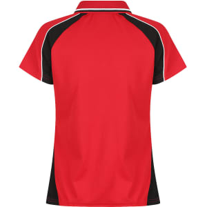 A red polo shirt featuring black accents and a logo, designed for women's wear. Back view shown.