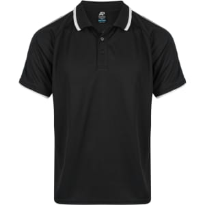 A black polo shirt featuring contrasting white details, designed for men. It has a logo on the collar.