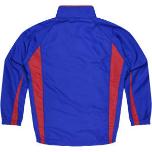 A blue tracktop featuring red side stripes and a high collar. It has a logo on the back.