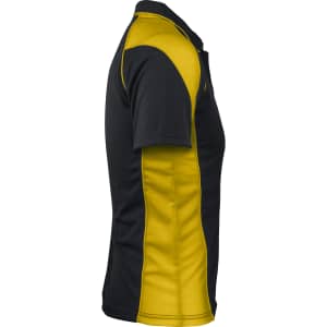 A black and yellow polo shirt with a side panel design and a logo on the chest.