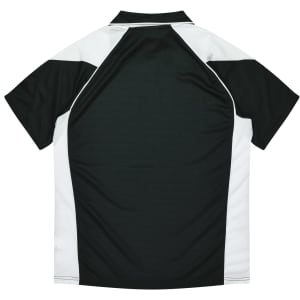 A black and white polo shirt featuring short sleeves and a contrasting design with a logo.