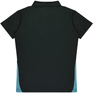 A dark green polo shirt featuring a blue side panel and a collar, with a logo on the chest area.