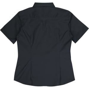 A short-sleeve black button-up shirt featuring a back yoke and a logo.