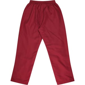 A pair of kids' track pants in a solid maroon colour, featuring an elasticated waistband and a simple design.