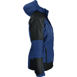 A blue and black jacket with a hood, featuring a branding logo on the sleeve.
