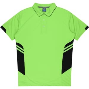 A bright green polo shirt with black accents and a collar, featuring a logo on the chest area.