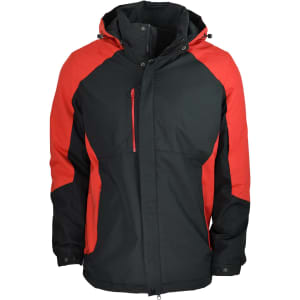 Men's jacket in black and red, featuring a hood and zippered pockets. The design includes a logo.