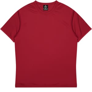 A red t-shirt with a round neckline and short sleeves. The shirt features a logo on the label.