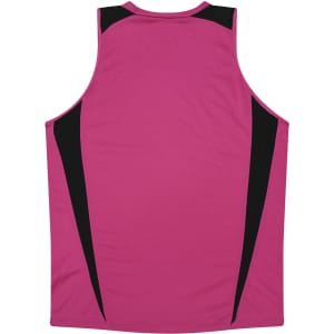 A pink singlet with black accents, featuring a logo on the back.