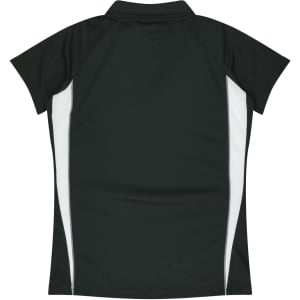 A black polo shirt with white side panels and a collar, featuring a logo on the back.