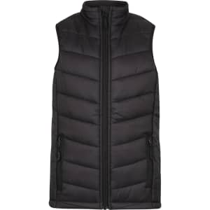 A black padded vest with a high collar and zip-up front, featuring side pockets and a logo.