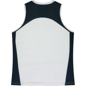 A singlet top in white and navy, featuring a logo, with a sporty design and a comfortable fit.