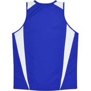 A blue singlet with white accents and a logo on the back. Suitable for sports activities.
