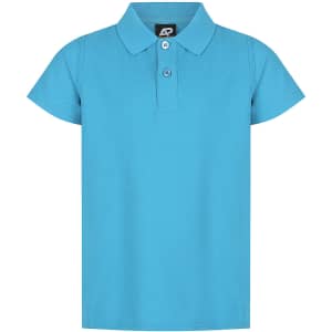 A light blue polo shirt with a collar and a logo on the label. It has short sleeves and a button front.