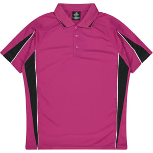 A pink polo shirt with black accents and a logo. Designed for kids, featuring a classic collar and button placket.