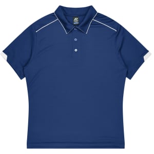 A navy blue polo shirt with a collared neck and contrasting white detailing on the sleeves. It features a logo.