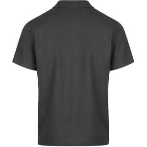 A black men's polo shirt with a classic collar and short sleeves, featuring a logo on the back.