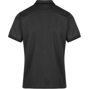A black men's polo shirt with short sleeves, featuring a simple design and a collar. It has a logo on it.