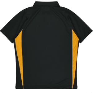 A dark green polo shirt with yellow side panels and a collar, featuring a logo on the front.