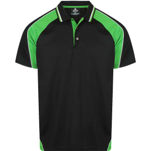 A black polo shirt with green accents and stripes, featuring a collar and a logo.