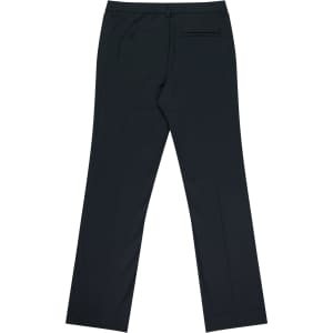 A pair of women's black trousers featuring a straight leg design and a back pocket, with a logo present.