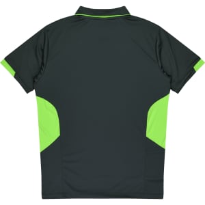 A dark green polo shirt with vibrant green side panels. It features a collar and a smooth fabric texture.
