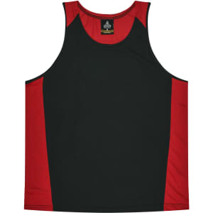 A black and red singlet featuring a logo, designed for kids, with a sporty, sleeveless cut.