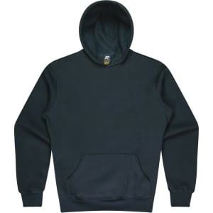 A dark green hoodie featuring a front pocket and a lined hood, with a logo on the interior label.
