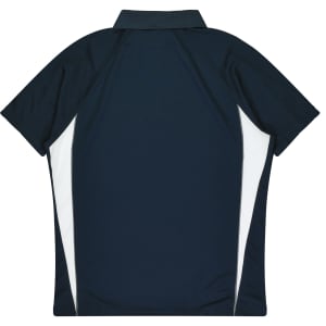 A navy blue polo shirt with white side panels, featuring a collar and short sleeves, designed for kids.