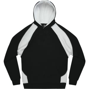 A black and white hoodie with a kangaroo pocket and a hood, featuring a logo on the chest.