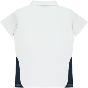 A polo shirt in white with navy side panels, featuring a collar and short sleeves. It has a logo on the front.