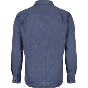 A men's long sleeve button-up shirt in a navy blue stripe pattern with a collar and cuff details.