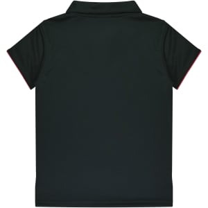 A dark green polo shirt featuring a collar and contrasting red accents. It has a logo on the chest area.