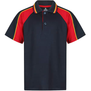 A navy polo shirt with red and yellow contrast stripes, featuring a collar and a logo.