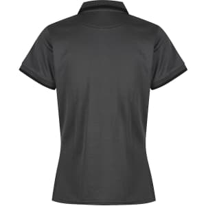 A women's polo shirt in charcoal grey with a collar and short sleeves. It features a logo on the back.